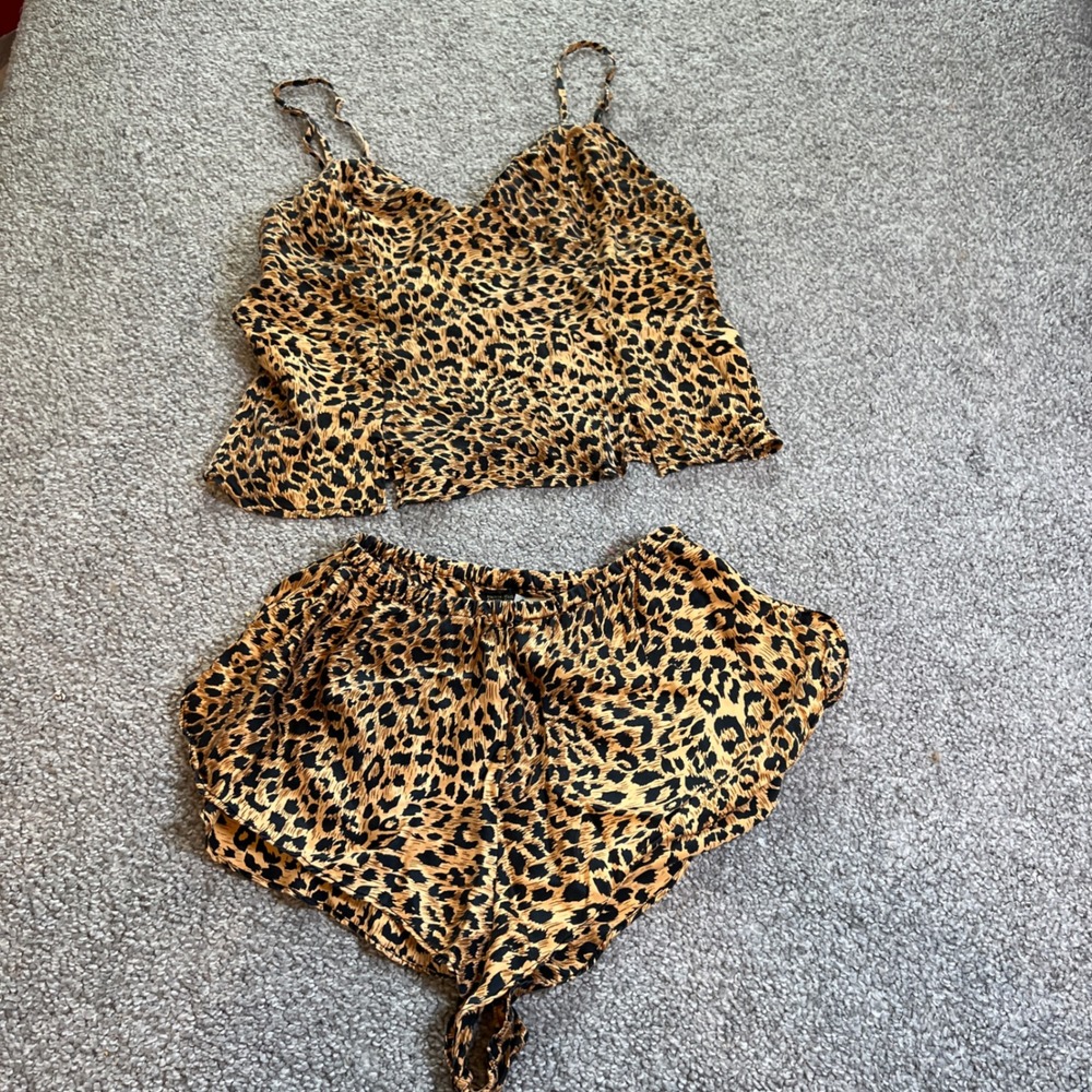 RedHead Silk Pajama Set Womens S Leopard Print Cami Shorts y2k coquette Brown